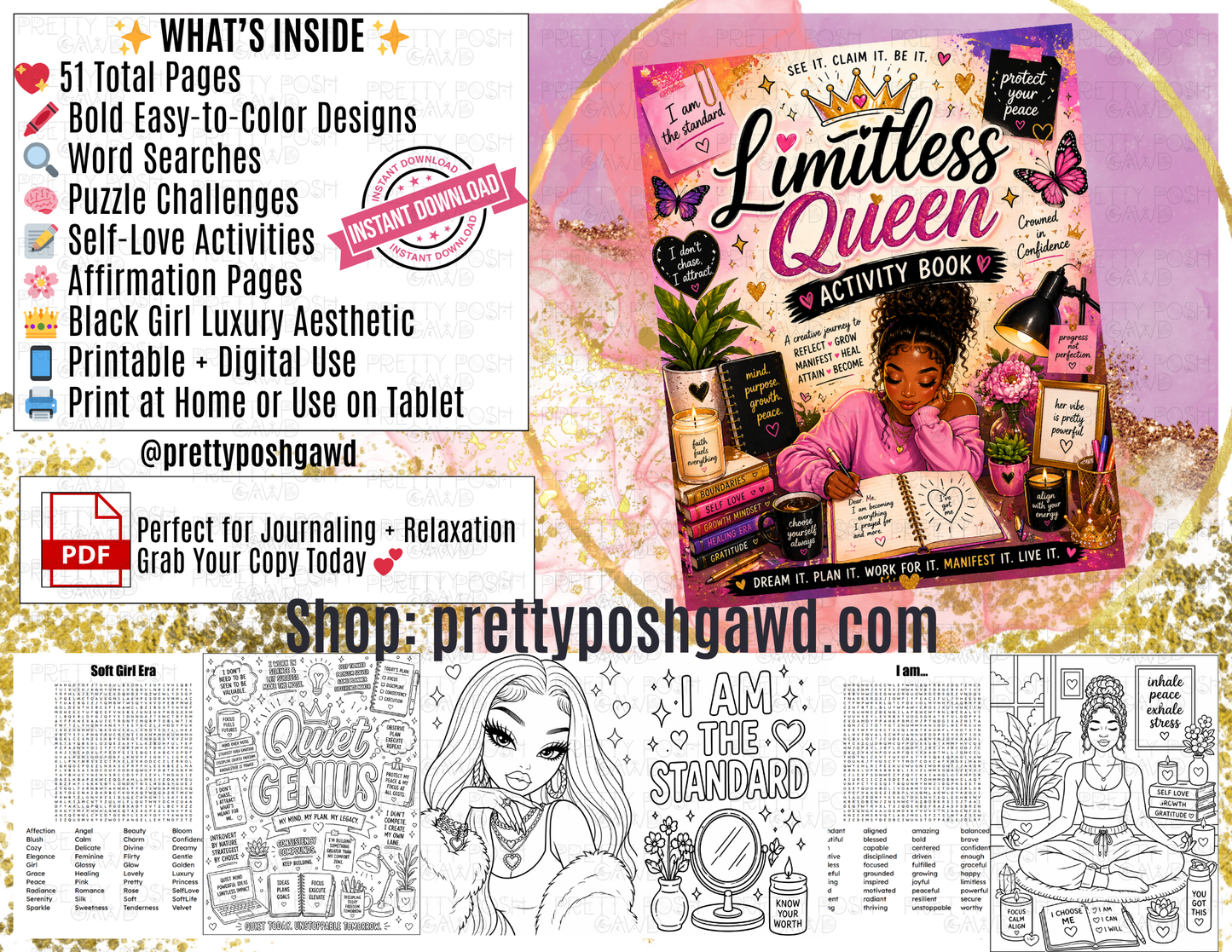 Limitless Queen Activity Book | 51-Page Coloring, Word Search & Self-Care Puzzle Book ✨