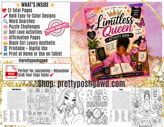 Limitless Queen Activity Book | 51-Page Coloring, Word Search & Self-Care Puzzle Book ✨